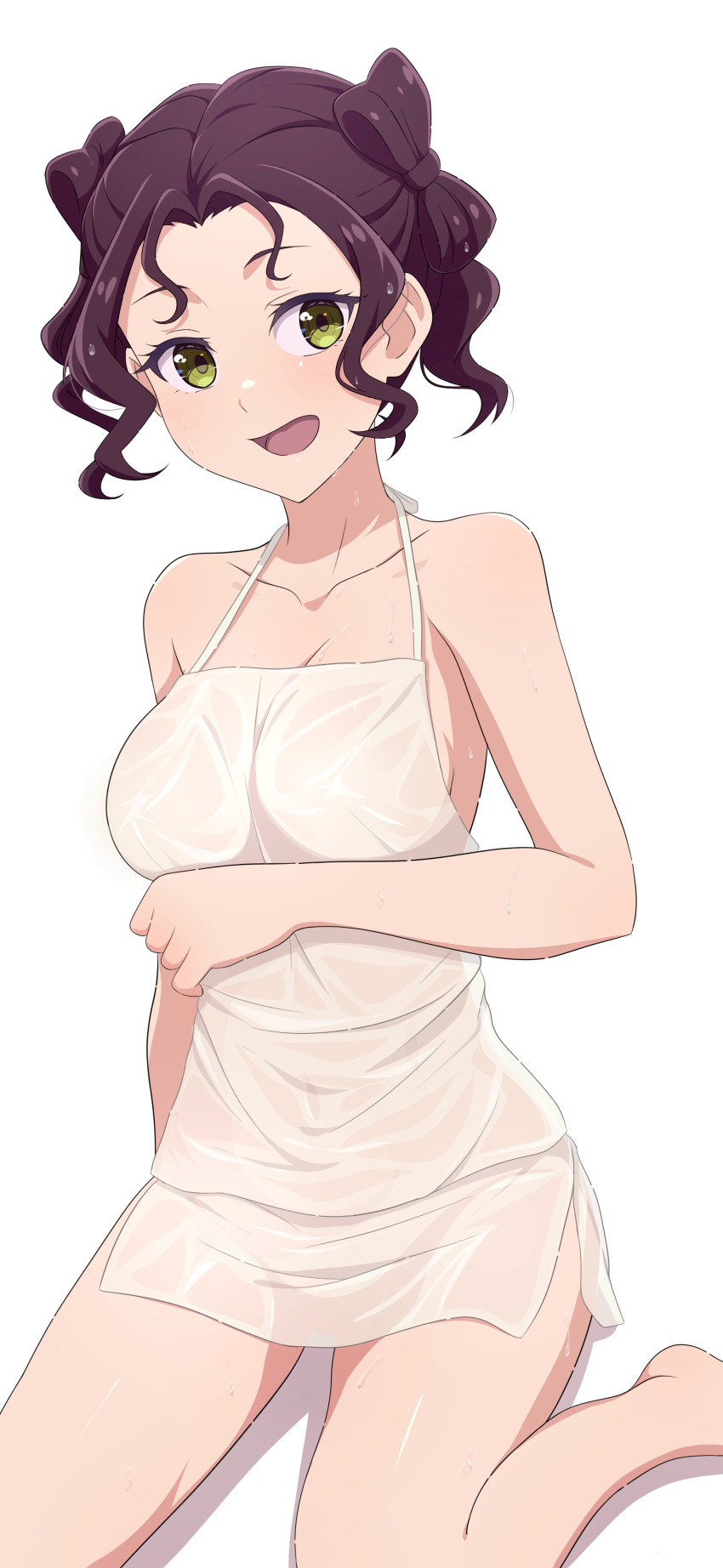 1girl, :d, absurdres, apron, barefoot, breasts, cleavage, commentary_request, forehead, highres, kusuriya_no_hitorigoto, large_breasts, na-suke, naked_apron, open_mouth, purple_hair, shadow, shisui_(kusuriya_no_hitorigoto), short_hair, shuangyaji, simple_background, sitting, smile, solo, sweat, thighs, tongue, white_apron, white_background, yellow_eyes