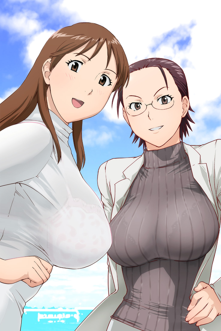 2girls, :d, blush, bra, breasts, brown_eyes, brown_hair, cloud, day, glasses, grin, hand_on_own_hip, hip_focus, huge_breasts, kamisama_dolls, karahari_kuuko, lab_coat, large_breasts, lingerie, multiple_girls, open_mouth, outdoors, see-through_clothes, shiba_hibino, short_hair, sky, smile, turtleneck, ueyama_michirou, underwear, upper_body