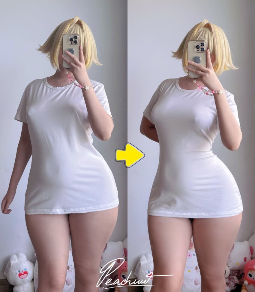 1girl, ahoge, alternate_costume, arm_at_side, arm_behind_back, artist_name, blonde_hair, bottomless, braclet, breasts, character_doll, collarbone, colored_inner_hair, commentary, comparison, contrapposto, cosplay, cosplay_photo, covered_erect_nipples, covered_face, cowboy_shot, doll, elegg_(nikke), elegg_(nikke)_(cosplay), english_commentary, female_focus, goddess_of_victory:_nikke, head_tilt, highres, holding, holding_phone, indoors, medium_breasts, multicolored_hair, naked_shirt, nikku_nana, no_bra, peachuu244, phone, photo_(medium), real_life, selfie, shirt, short_hair, split_screen, standing, t-shirt, thick_thighs, thighs, white_shirt, wide_hips