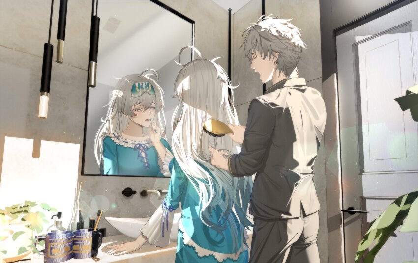 1boy, 1girl, absurdres, aqua_pajamas, bathroom, black_pajamas, blindfold, blindfold_on_head, brushing_another's_hair, brushing_hair, brushing_teeth, caelus_(honkai:_star_rail), closed_eyes, cup, door, firefly_(honkai:_star_rail), grey_hair, hair_between_eyes, hair_brush, hair_intakes, highres, holding, holding_hair_brush, honkai:_star_rail, honkai_(series), indoors, long_hair, mirror, open_mouth, pajamas, reflection, sink, standing, toothbrush, trailblazer_(honkai:_star_rail), victimsweet, yawning