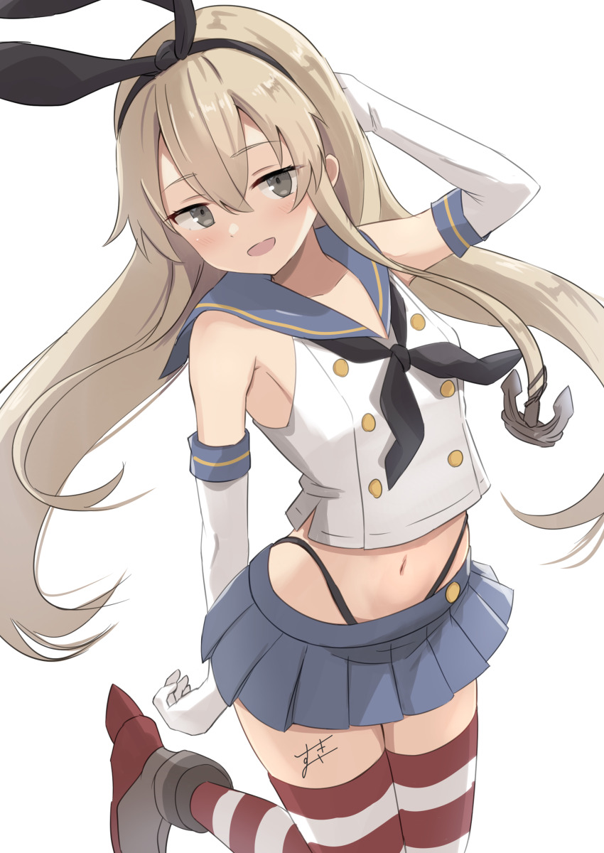 1girl, :d, absurdres, anchor_hair_ornament, animal_ears, arm_behind_back, arm_behind_head, bare_shoulders