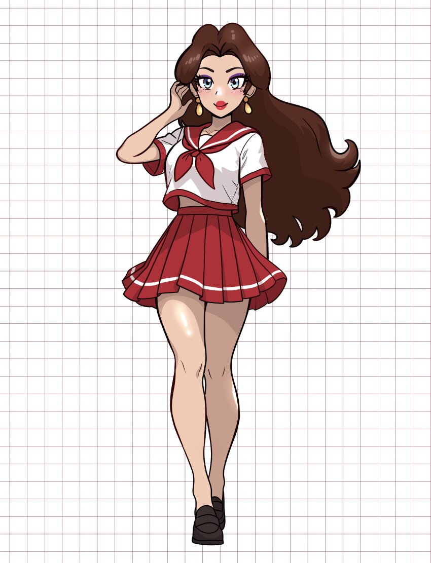 1girl, alternate_costume, black_shoes, blue_eyes, breasts, brown_hair, closed_mouth, commentary, earrings, floating_hair, full_body, highres, jewelry, lips, long_hair, mario_(series), midriff_peek, muis0802, neckerchief, nintendo, no_socks, pauline_(nintendo), pleated_skirt, red_lips, red_neckerchief, red_sailor_collar, red_skirt, sailor_collar, school_uniform, shirt, shoes, short_sleeves, skirt, small_breasts, smile, solo, super_mario_odyssey, white_background, white_shirt