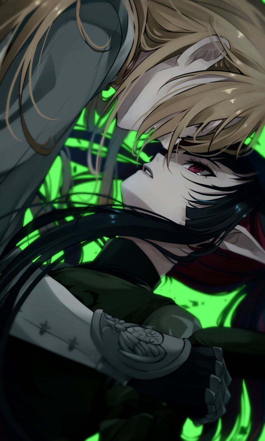 2boys, bad_id, bad_twitter_id, black_hair, blonde_hair, blunt_ends, dawn_knight_(twisted_wonderland), eye_contact