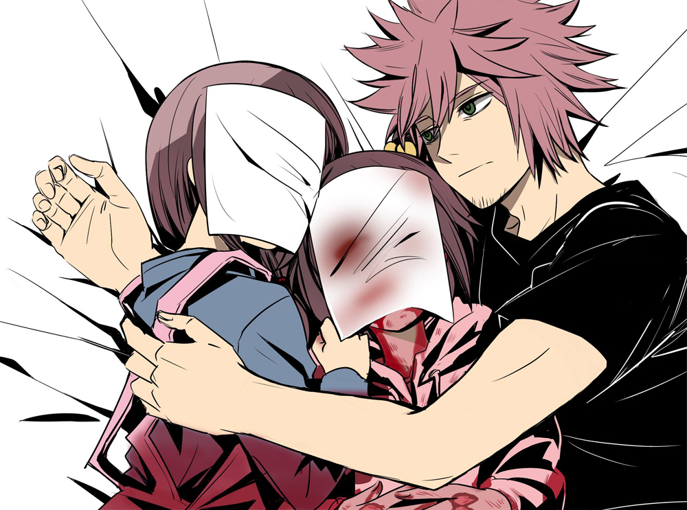 1boy, 2girls, apron, beard_stubble, black_shirt, blood, blood_on_clothes, blood_on_face, blood_on_hands, corpse, da_huang, expressionless, facial_hair, father_and_child, father_and_daughter, hood, hoodie, hug, husband_and_wife, id_:_invaded, mother_and_child, mother_and_daughter, multiple_girls, narihisago_akihito, narihisago_ayako, narihisago_muku, parent_and_child, pink_hair, shirt, spoilers, stubble, t-shirt