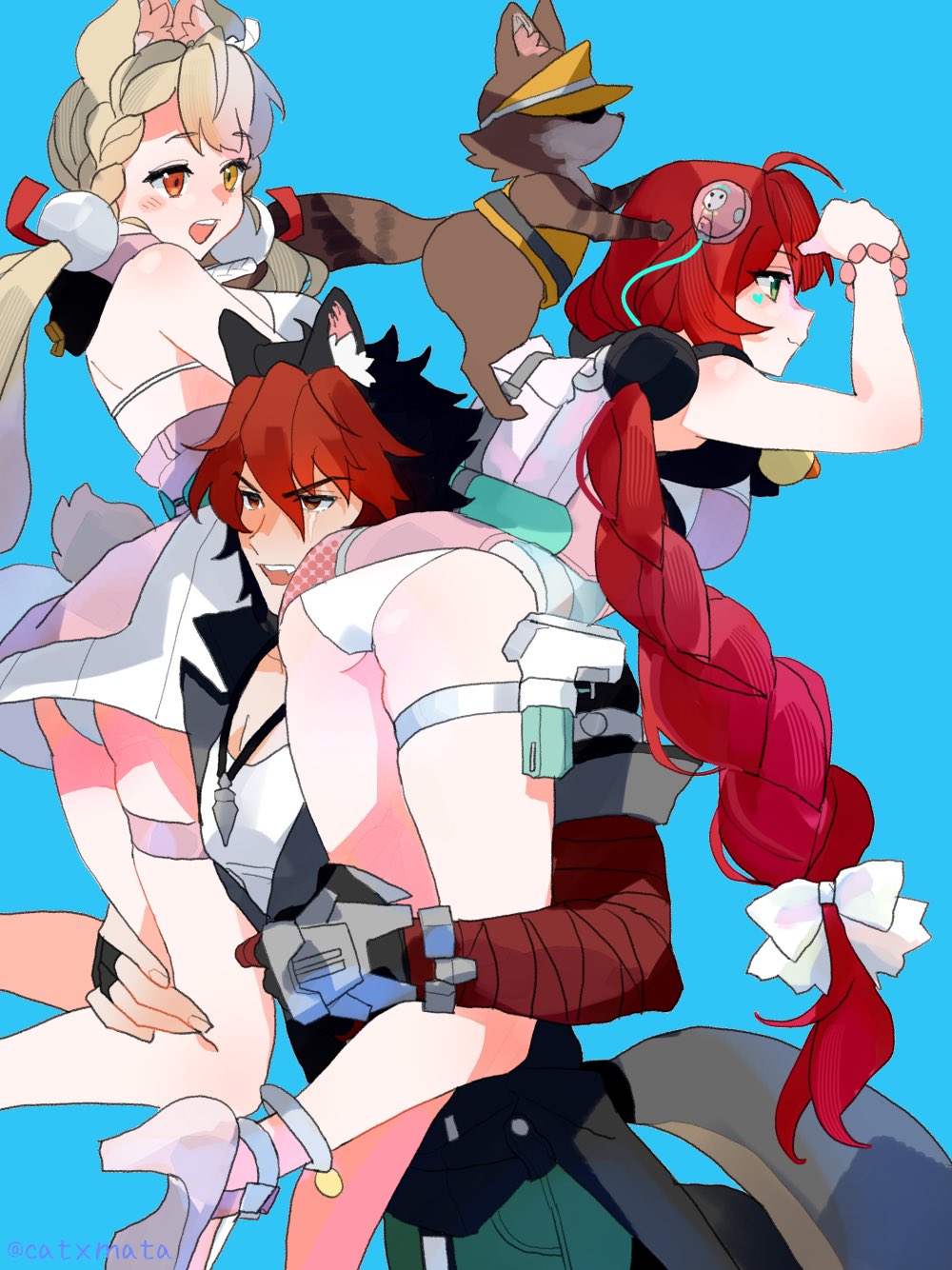 1boy, 2girls, alice_thymefield, alice_thymefield_(sea_of_thyme), animal_ears, black_hair, blonde_hair, blue_background, bracelet, braid, carrying, carrying_over_shoulder, carrying_person, catxmata, commentary_request, dog_boy, dog_ears, dog_tail, green_eyes, hair_ornament, heterochromia, highres, jewelry, kamanosuke_(zenless_zone_zero), komano_manato, long_hair, multiple_girls, open_mouth, rabbit_ears, rabbit_girl, rabbit_tail, raccoon, red_eyes, scar, scar_across_eye, scar_on_face, short_hair, smile, sphere_hair_ornament, swimsuit, tail, teeth, twintails, ukinami_yuzuha, ukinami_yuzuha_(tanuki_in_broad_daylight), upper_teeth_only, yellow_eyes, zenless_zone_zero