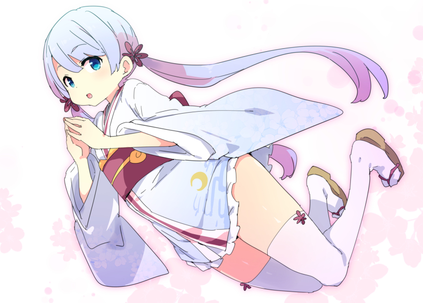 1girl, adapted_costume, alternate_costume, blue_eyes, cherry_blossom_print, coeiroink, commentary_request, dutch_angle, floral_print, floral_print_kimono, frilled_kimono, frills, full_body, grey_hair, japanese_clothes, jumping, kimono, looking_to_the_side, obi, obiage, obidome, obijime, open_mouth, own_hands_together, petenshi_(dr._vermilion), print_kimono, sandals, sash, short_kimono, socks, solo, swept_bangs, tabi, thighhighs, thighs, tsukuyomi-chan, twintails, white_background, white_kimono, white_socks, white_thighhighs, wide_sleeves, zouri