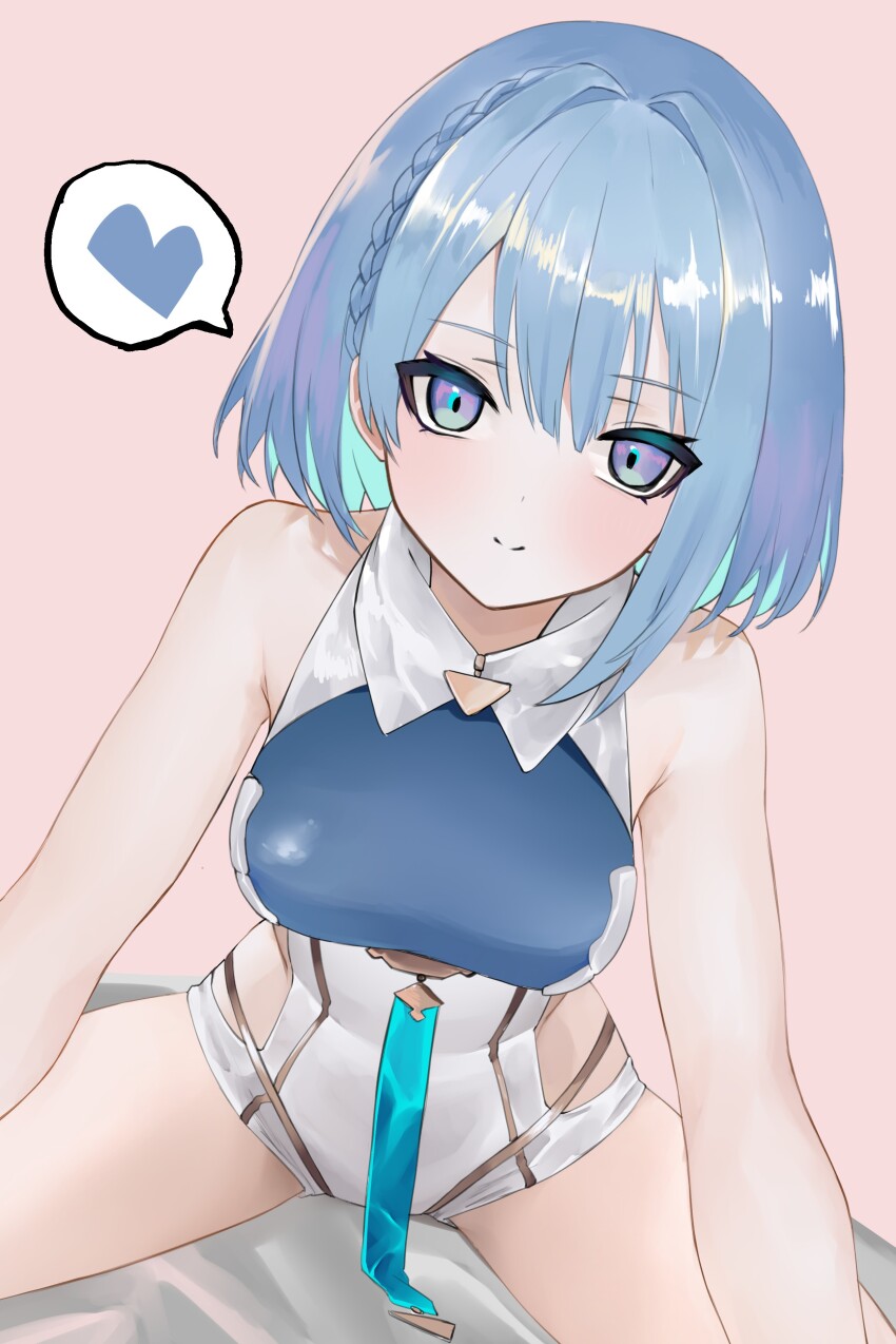 1girl, absurdres, aqua_pupils, bare_arms, bare_shoulders, bed, blue_hair, blush