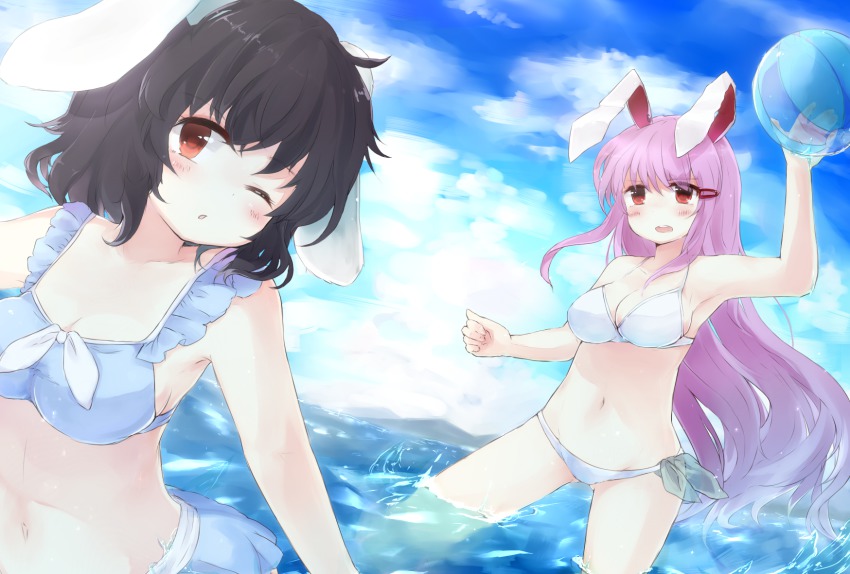 2girls, animal_ears, bad_id, bad_pixiv_id, ball, beachball, bikini, black_hair, blush, breasts, rabbit_ears, cleavage, female_focus, hair_ornament, hairclip, highres, inaba_tewi, long_hair, medium_breasts, mika_(moc828), multiple_girls, navel, one_eye_closed, purple_hair, red_eyes, reisen_udongein_inaba, short_hair, swimsuit, touhou, very_long_hair, water, wink