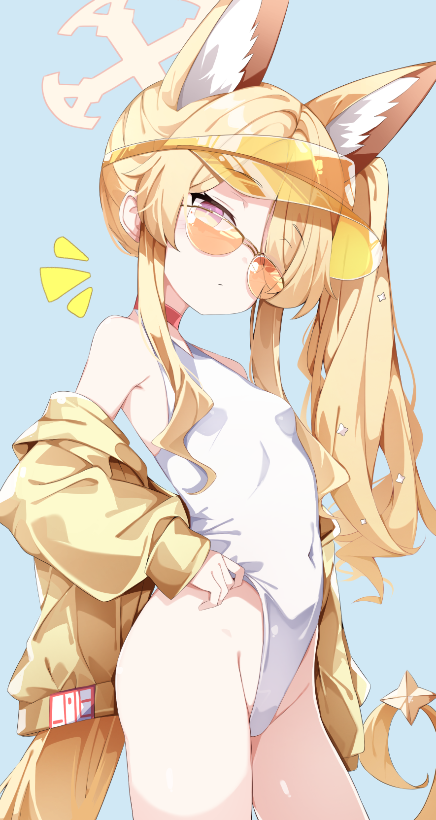 1girl, adjusting_clothes, adjusting_swimsuit, animal_ear_fluff, animal_ears, blonde_hair, blue_archive, blue_background
