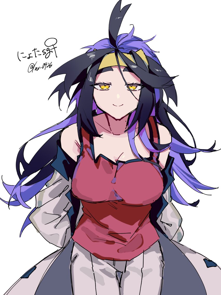 1girl, absurdres, arms_behind_back, bare_shoulders, black_hair, breasts, cleavage, coat, commentary_request, genderswap, genderswap_(mtf), hairband, highres, kieran_(pokemon), large_breasts, long_hair, long_sleeves, looking_at_viewer, low_(ayn0426), mole, mole_on_neck, multicolored_hair, nintendo, off_shoulder, open_clothes, open_coat, pokemon, pokemon_scarlet_and_violet, purple_hair, red_tank_top, shorts, simple_background, smile, solo, tank_top, twitter_username, venus_symbol, white_background, white_coat, white_shorts, yellow_eyes, yellow_hairband