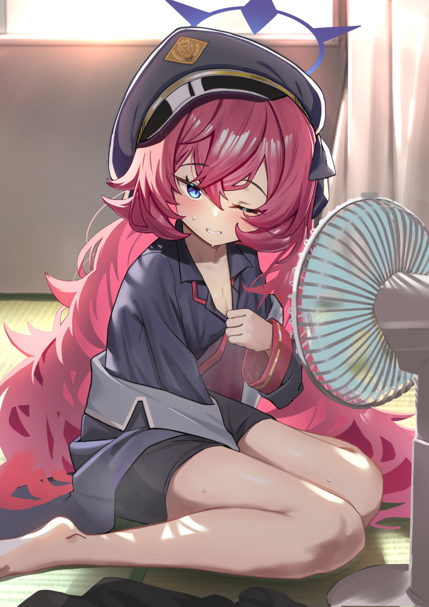 1girl, absurdres, barefoot, black_hat, black_jacket, black_shirt, black_skirt, blue_archive