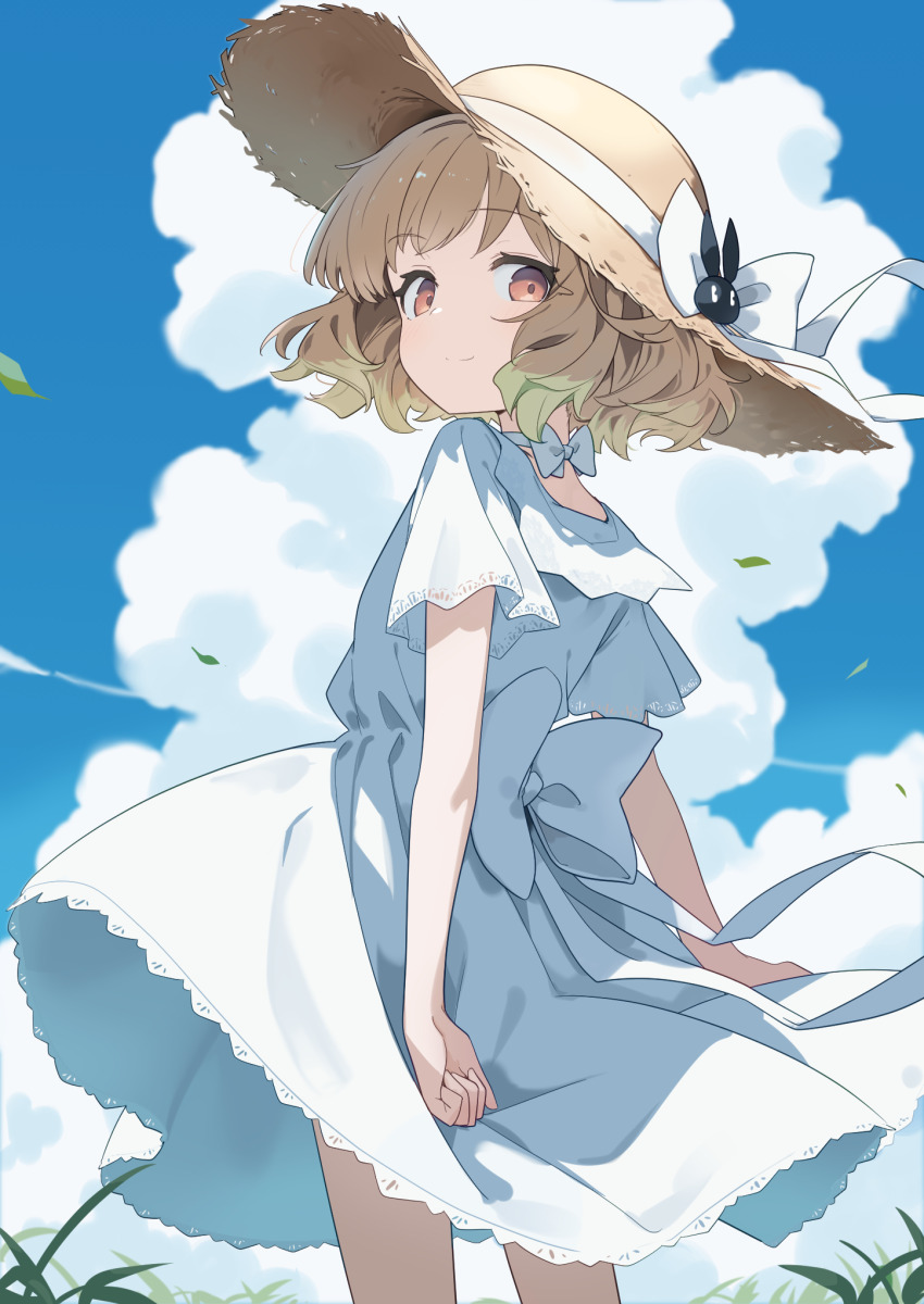 1girl, blue_sky, brown_eyes, brown_hair, brown_hat, closed_mouth, cloud, commentary_request