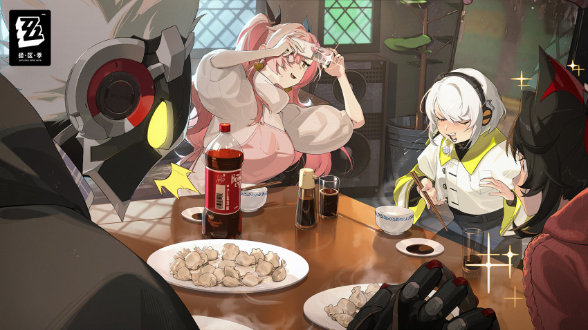 1boy, 3girls, anby_demara, bad_link, bad_miyoushe_link, billy_kid, black_ribbon, bowl