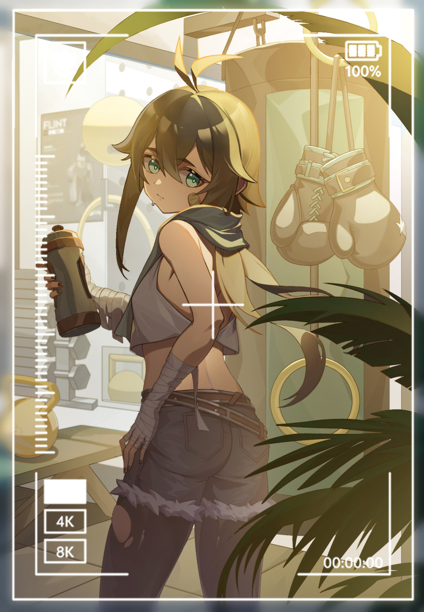 1girl, antenna_hair, arknights, ass, bandaged_arm, bandages, bandaid, bandaid_on_cheek