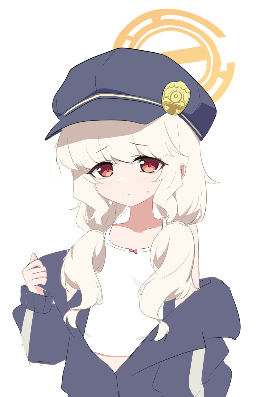 1girl, aoba_(blue_archive), blonde_hair, blue_archive, blue_hat, blue_jacket, blush, camisole