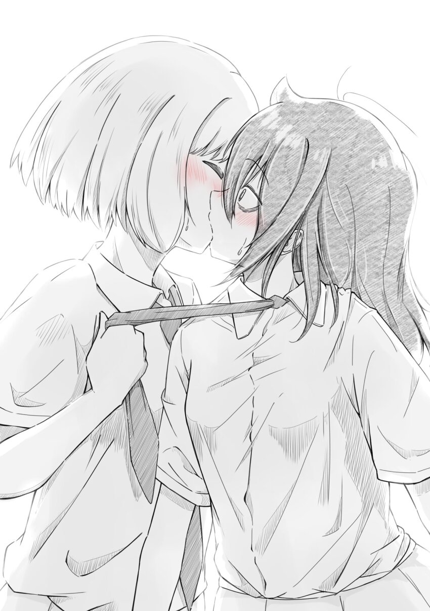 2girls, azuminonomizua, blush, closed_eyes, clothes_grab, constricted_pupils, french_kiss, greyscale