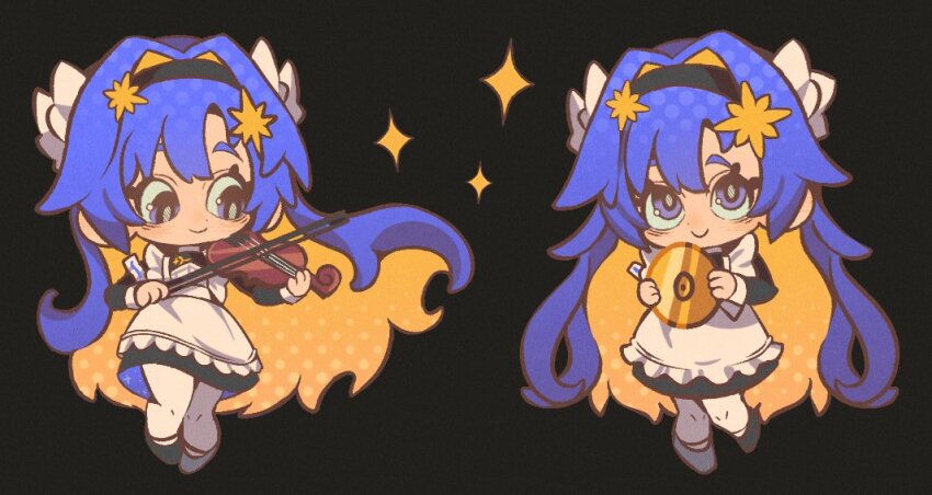 1girl, acsuck, apron, black_dress, black_hairband, black_shoes, blonde_hair, blue_eyes