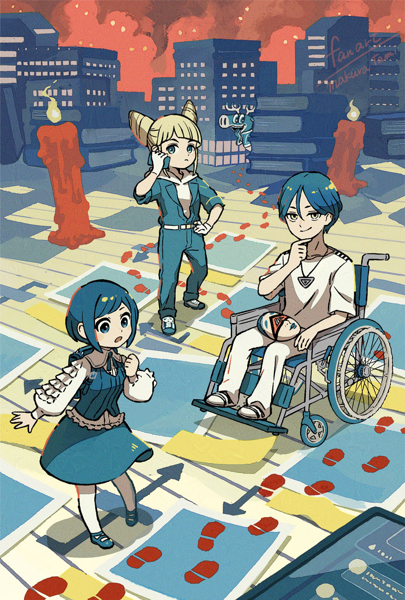 1boy, 2girls, blonde_hair, blue_eyes, blue_hair, book, book_stack, building