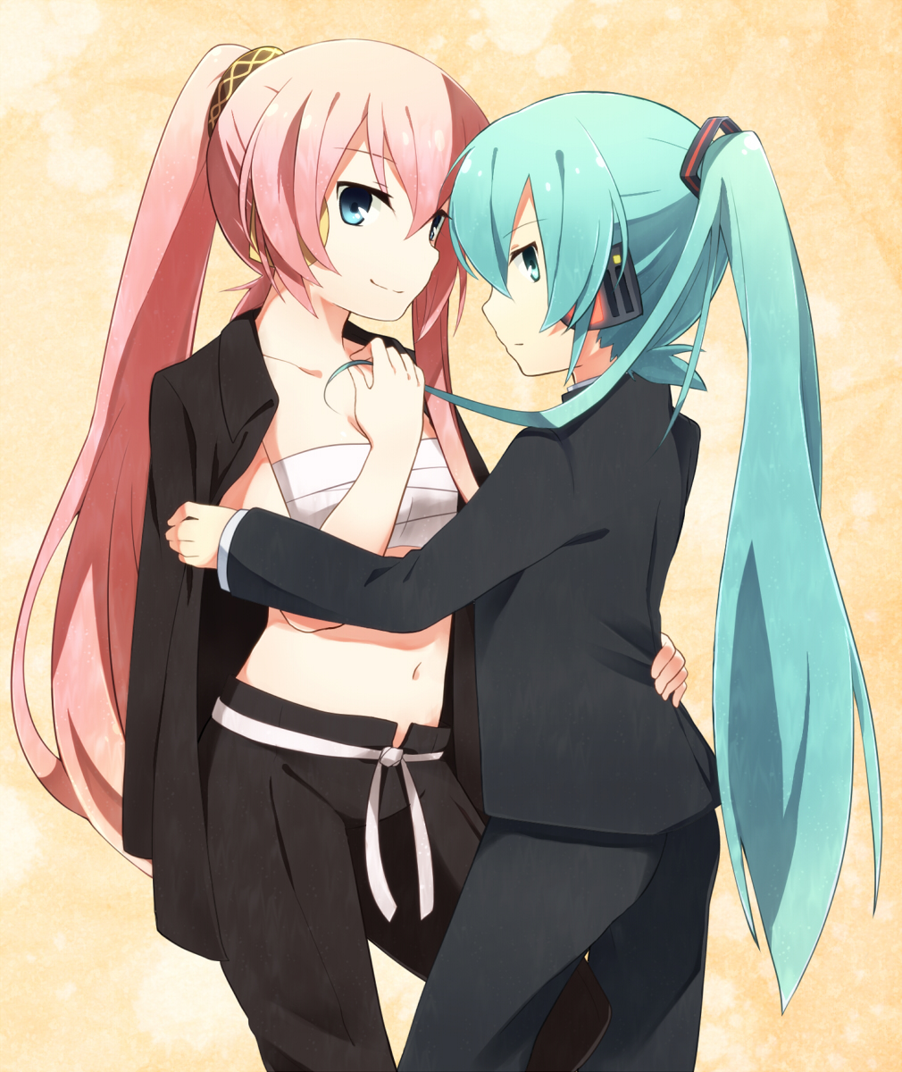 2girls, alternate_costume, alternate_hairstyle, aqua_eyes, aqua_hair, between_legs, blue_eyes, chest_sarashi
