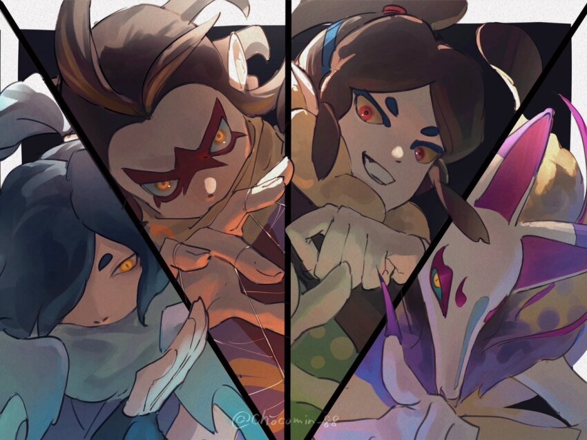 1other, 3boys, animal_ears, artist_name, blue_hair, brown_hair, chocomin_88, colored_sclera