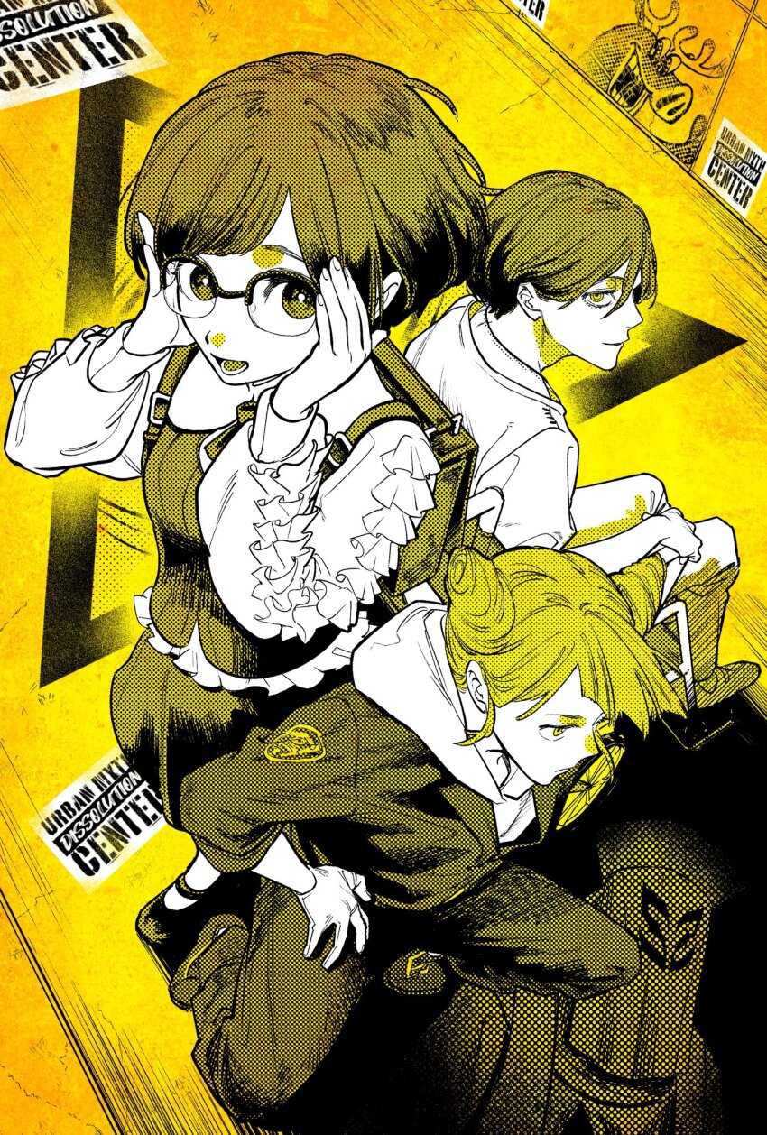 1boy, 2girls, collared_shirt, commentary_request, cone_hair_bun, copyright_name, double_bun, frilled_shirt