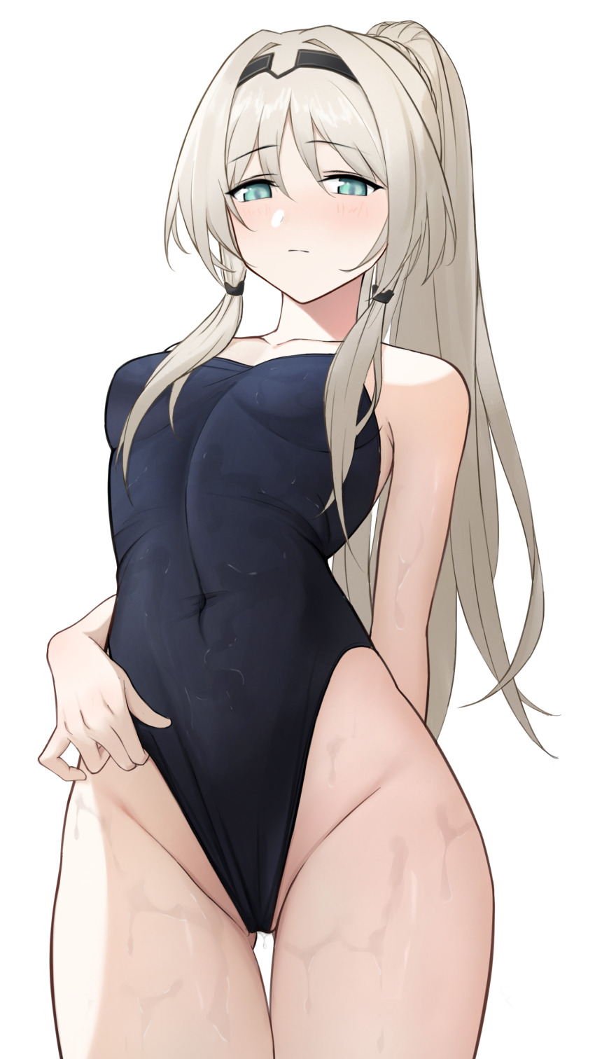 1girl, absurdres, alternate_costume, an-94_(girls'_frontline), an-94_(mod3)_(girls'_frontline), aqua_eyes, arm_behind_back, black_one-piece_swimsuit