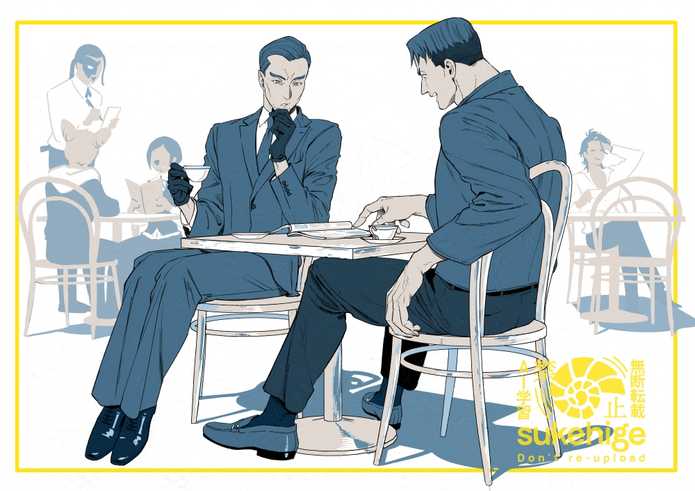 2girls, 4boys, blue_hair, chair, closed_mouth, collared_shirt, commentary_request, cup