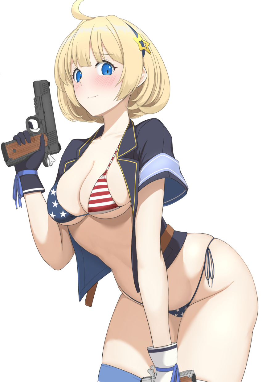 1girl, ahoge, american_flag, american_flag_bikini, american_flag_print, asymmetrical_gloves, bent_over, bikini