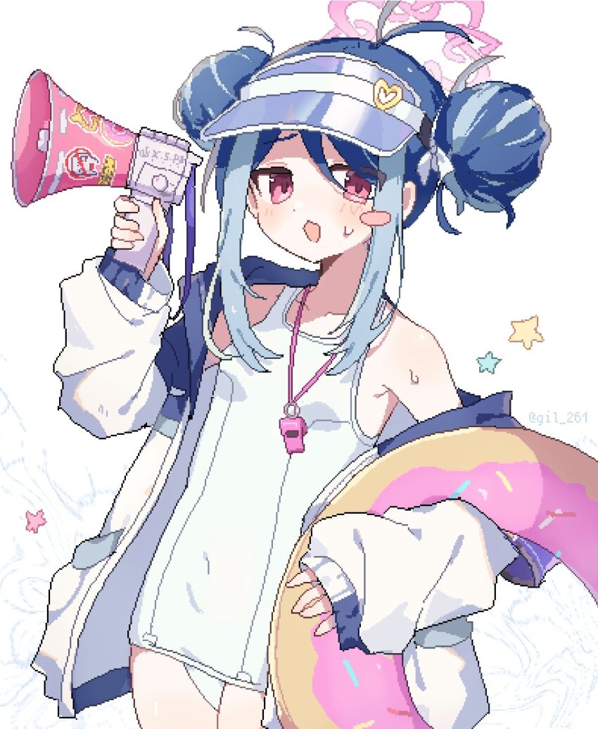 1girl, antenna_hair, blue_archive, blue_hair, blush, blush_stickers, breasts, collarbone