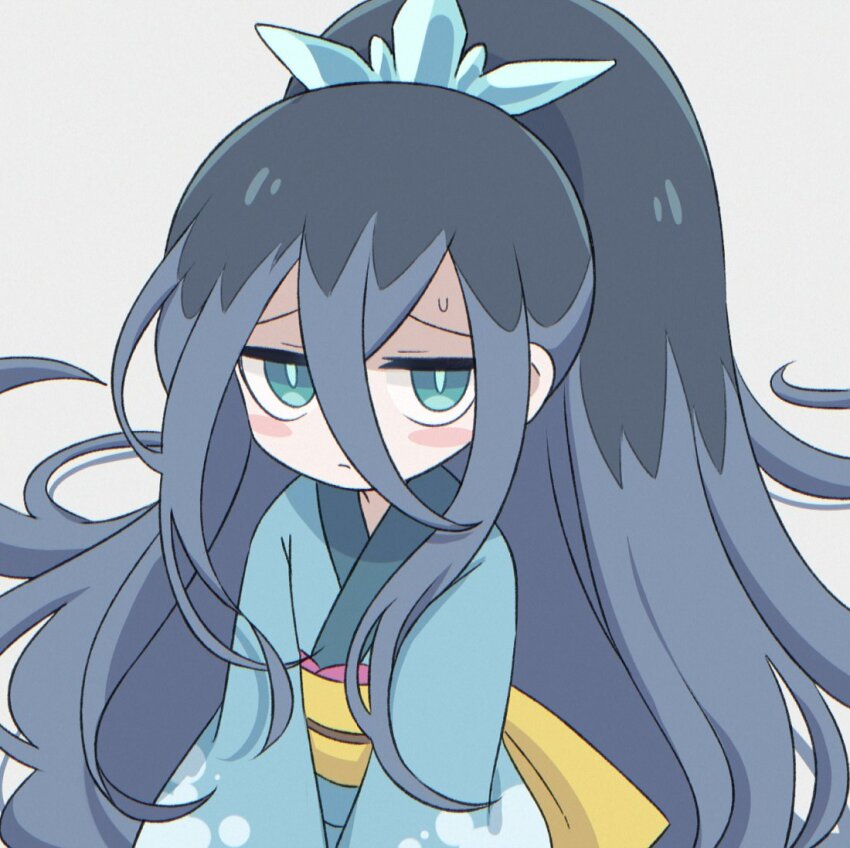 1girl, blue_eyes, blue_hair, blue_kimono, fubukihime, grey_background, hair_between_eyes, japanese_clothes