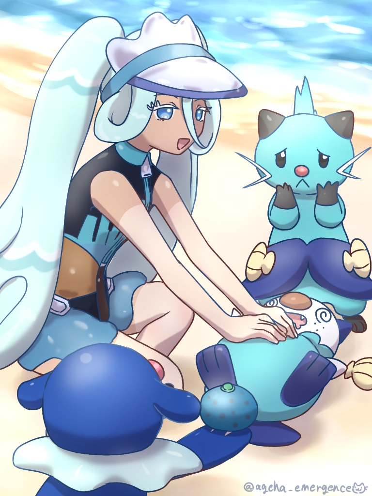 1girl, 3others, :<, @_@, aqua_hair, beach, blue_eyes, closed_mouth