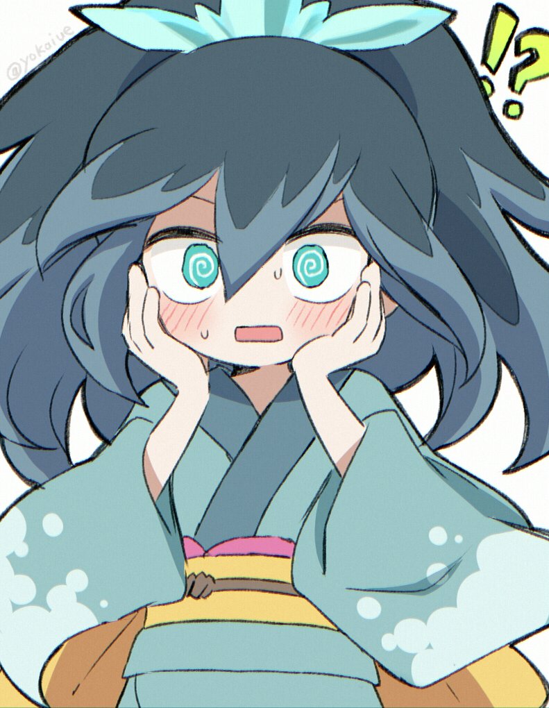 !?, 1girl, blue_eyes, blue_hair, blue_kimono, blush, fubukihime, grey_background