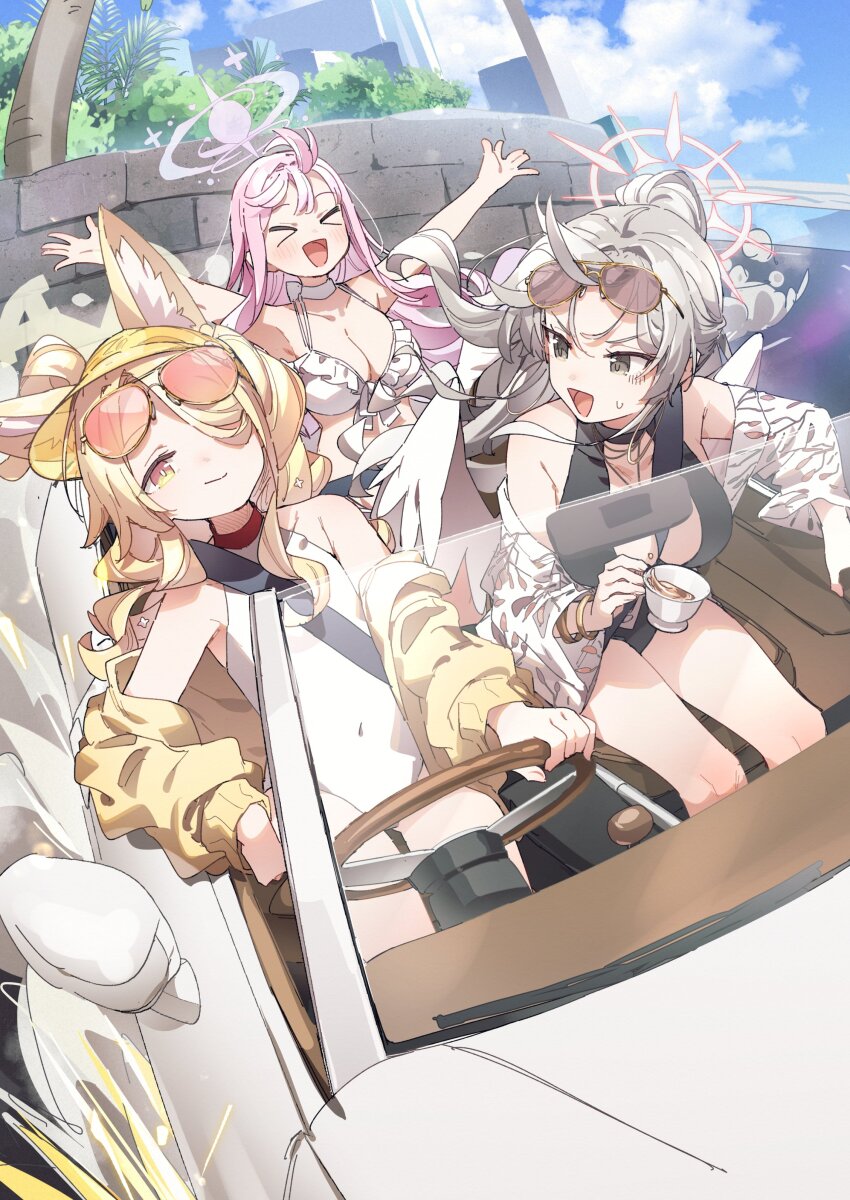 >_<, 3girls, :d, absurdres, animal_ear_fluff, animal_ears, bare_shoulders, bikini, black_one-piece_swimsuit, blonde_hair, blue_archive, blue_sky, blush, breasts, brown_eyes, brown_hair, brown_halo, car, cleavage, cleavage_cutout, closed_eyes, closed_mouth, clothing_cutout, cloud, cloudy_sky, covered_navel, cup, day, driving, fox_ears, fox_girl, frilled_bikini, frills, hair_over_one_eye, halo, hat, highres, holding, holding_cup, jaguar_(car), jaguar_e-type, large_breasts, long_hair, mika_(blue_archive), mika_(swimsuit)_(blue_archive), motor_vehicle, multiple_girls, nagisa_(blue_archive), nagisa_(swimsuit)_(blue_archive), ocean, official_alternate_costume, official_alternate_hairstyle, on_car, one-piece_swimsuit, one_eye_closed, open_mouth, outstretched_arms, pink_hair, pink_halo, seatbelt, seatbelt_between_breasts, seia_(blue_archive), seia_(swimsuit)_(blue_archive), sky, smile, spread_arms, steering_wheel, swimsuit, tea_party_(blue_archive), teacup, water, white_bikini, white_one-piece_swimsuit, xd, yellow_eyes, yellow_hat, yukie_(kusaka_shi)