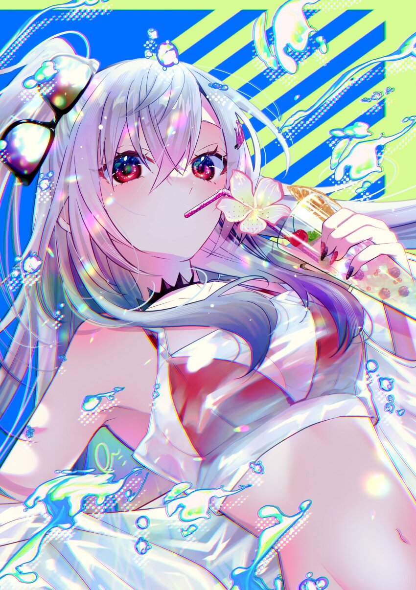 1girl, absurdres, anaglyph, bikini, breasts, choker, cup, diagonal-striped_background