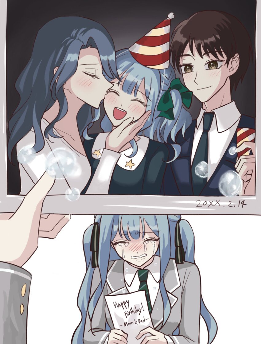 1boy, 200bpmsoiya, 2girls, :d, ^_^, age_comparison, aged_down, bang_dream!