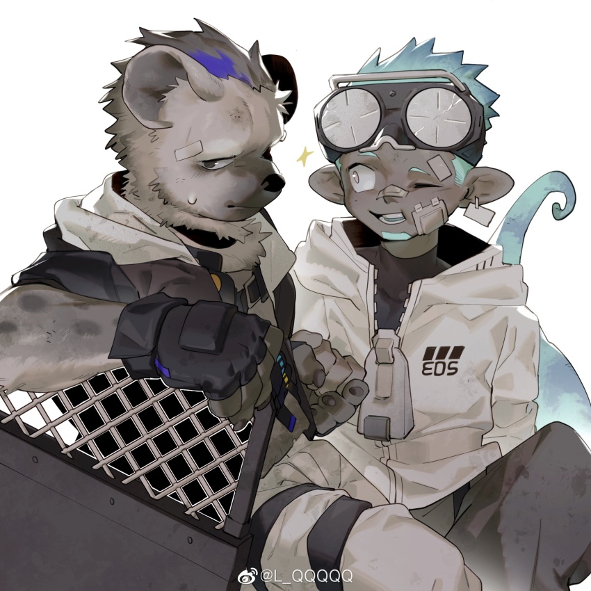 2boys, arknights, bandaid, bandaid_on_face, black_jacket, chameleon_boy, chameleon_tail, earrings