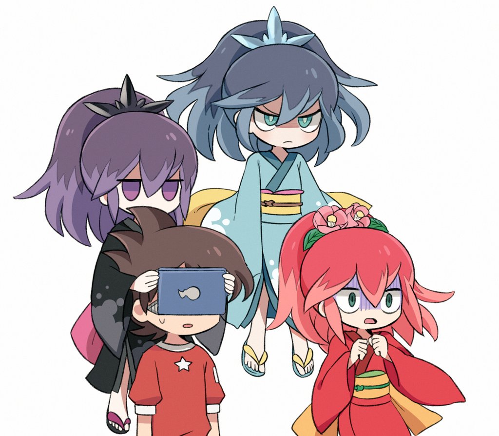 1boy, 3girls, amano_keita, black_kimono, blue_eyes, blue_hair, blue_kimono, flower, fubukihime, green_eyes, hair_flower, hair_ornament, hyakkihime, japanese_clothes, kimono, koko_ue, long_hair, looking_at_viewer, multiple_girls, pink_flower, purple_eyes, purple_hair, red_hair, red_kimono, red_shirt, sandals, shirt, short_sleeves, simple_background, tsubakihime_(youkai_watch), youkai_(youkai_watch), youkai_watch