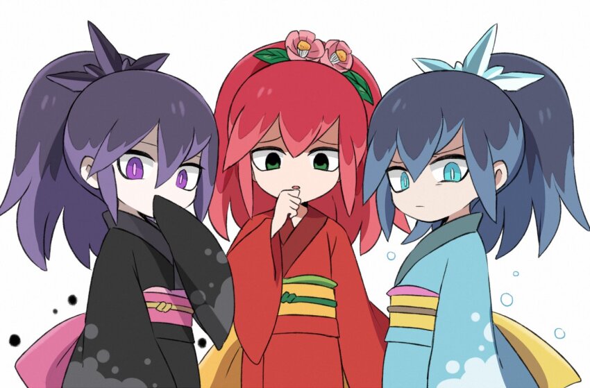 3girls, black_kimono, blue_eyes, blue_hair, blue_kimono, flower, fubukihime, green_eyes