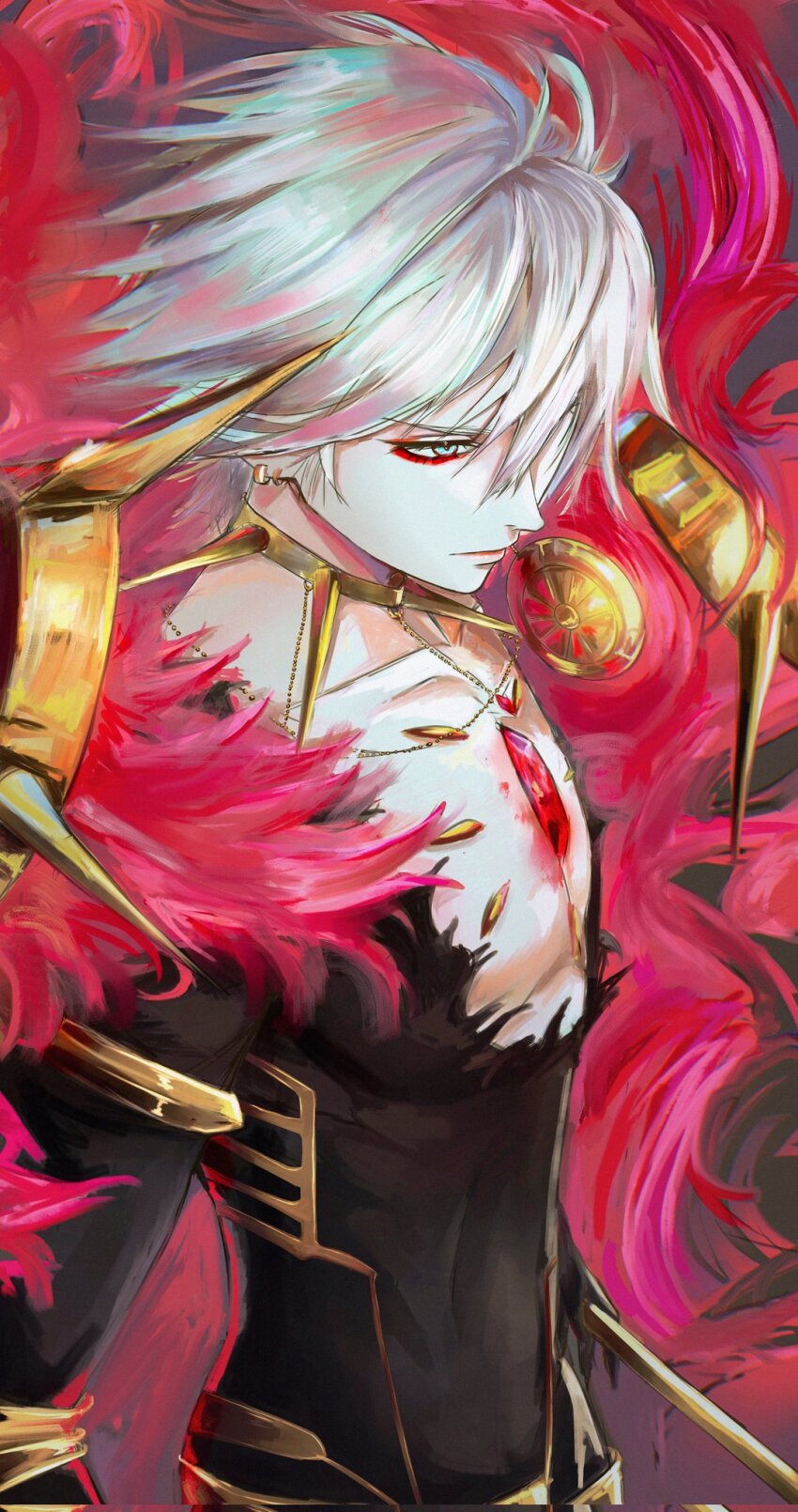 1boy, aqua_eyes, bishounen, black_bodysuit, bodysuit, cape, chest_jewel, closed_mouth