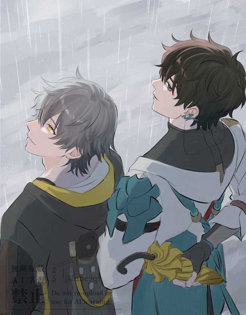 2boys, absurdres, arm_behind_back, back, beads, black_coat, black_gloves, black_hair