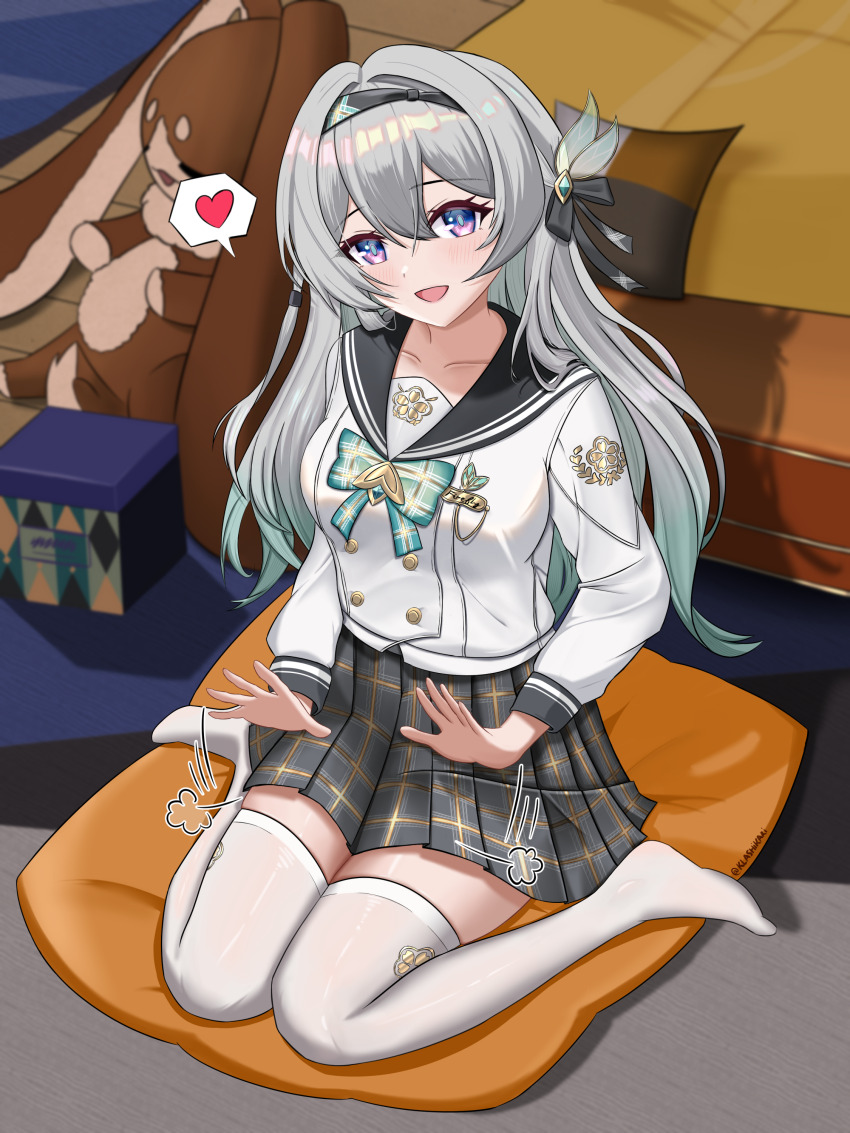 1girl, absurdres, black_hairband, blue_pupils, bow, bowtie, buttons, commentary_request