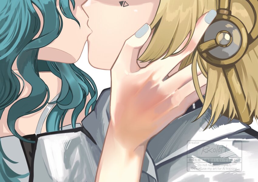 2girls, absurdres, artist_name, blonde_hair, close-up, from_side, grey_nails, hand_focus