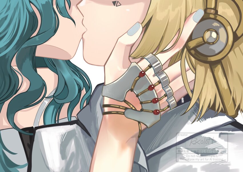 2girls, absurdres, artist_name, blonde_hair, close-up, from_side, grey_nails, hand_focus