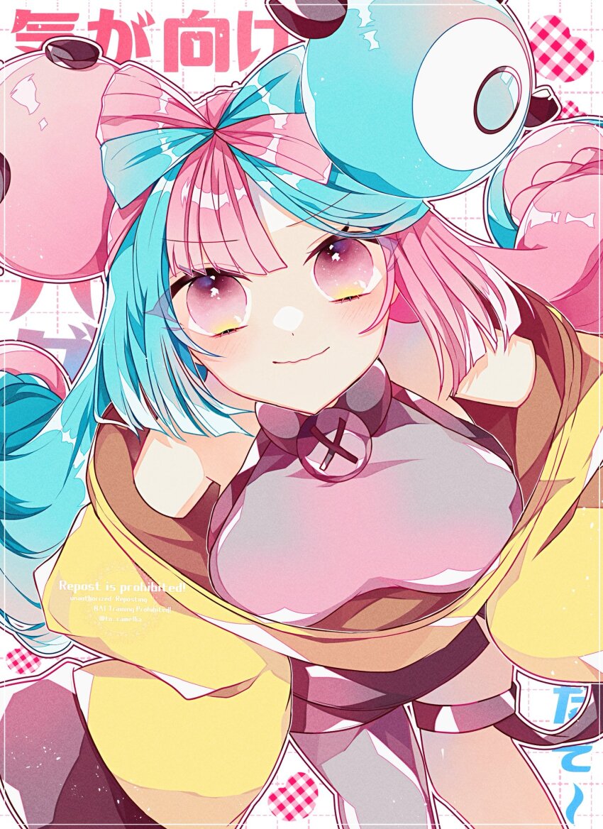 1girl, blue_hair, blush, bow-shaped_hair, breasts, character_hair_ornament, closed_mouth, fake_hair_bun