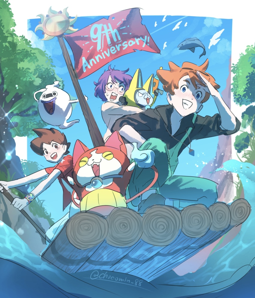 1girl, 2boys, amano_keita, animal_ears, black_shirt, brown_hair, buck_hazeltine, cat_ears