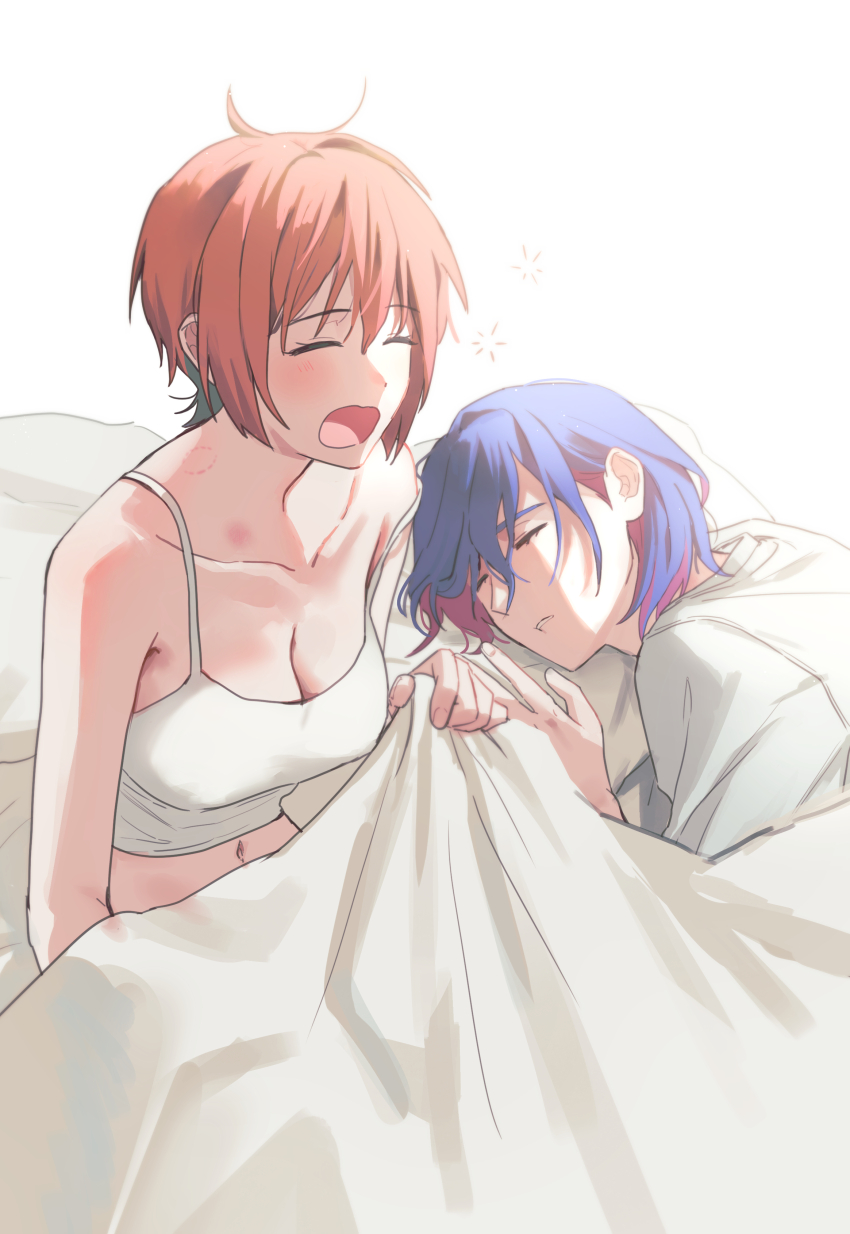 1boy, 1girl, absurdres, amate_yuzuriha, blue_hair, breasts, cleavage, closed_eyes