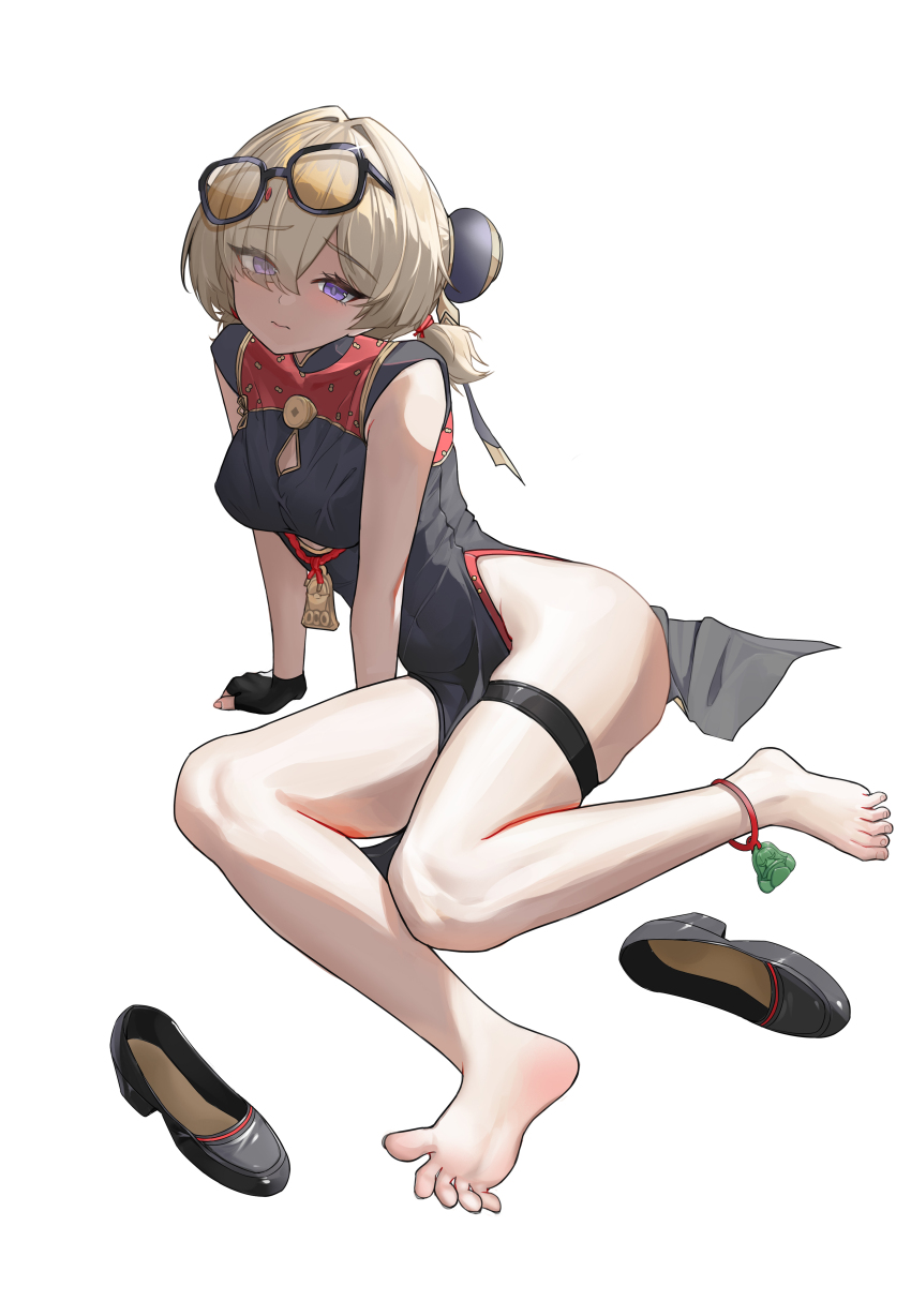 1girl, absurdres, anklet, barefoot, blonde_hair, china_dress, chinese_clothes, dress