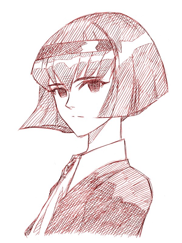 1girl, ascot, bob_cut, closed_mouth, commentary_request, expressionless, hairband, monochrome