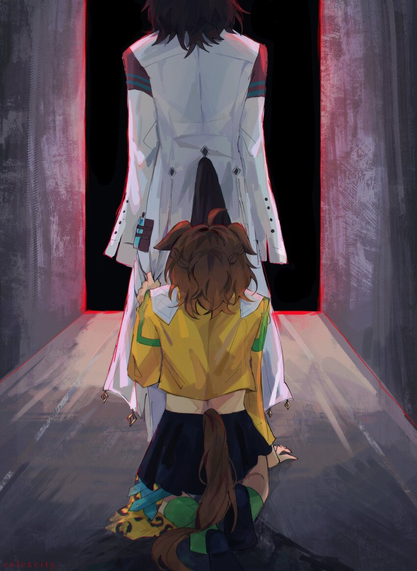 2girls, absurdres, agnes_tachyon_(tach-nology)_(umamusume), agnes_tachyon_(umamusume), ahoge, animal_ears, black_skirt, braid