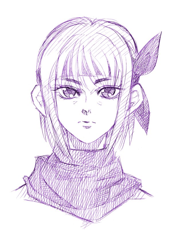 1girl, ayane_(doa), dead_or_alive, headband, monochrome, ninja_gaiden, portrait, rakshasa_(artist), scarf, serious, short_hair, simple_background, solo, white_background